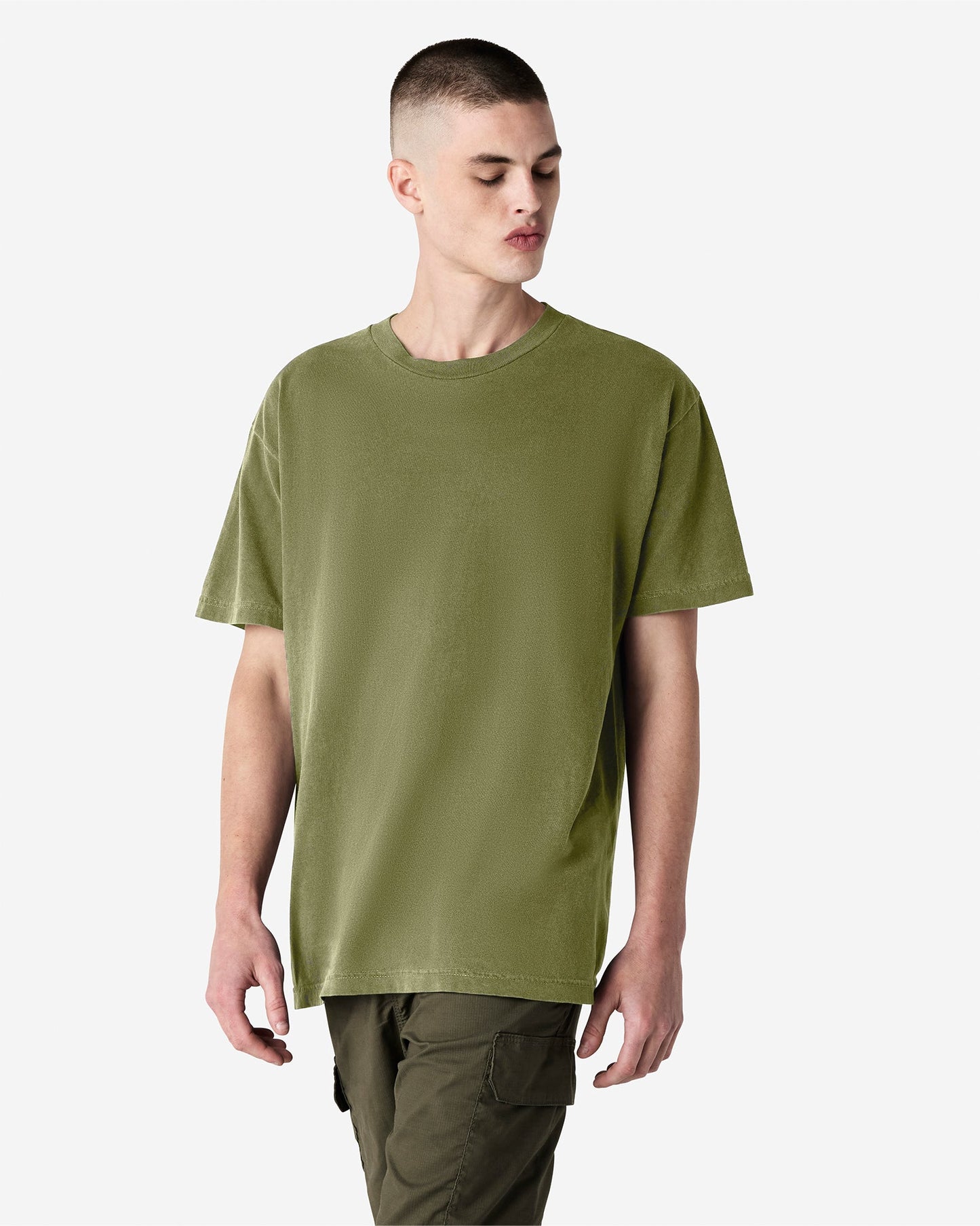Side view of American Apparel® 1301GD Faded Army T-Shirt, showing soft garment-dyed cotton and relaxed fit-faded army