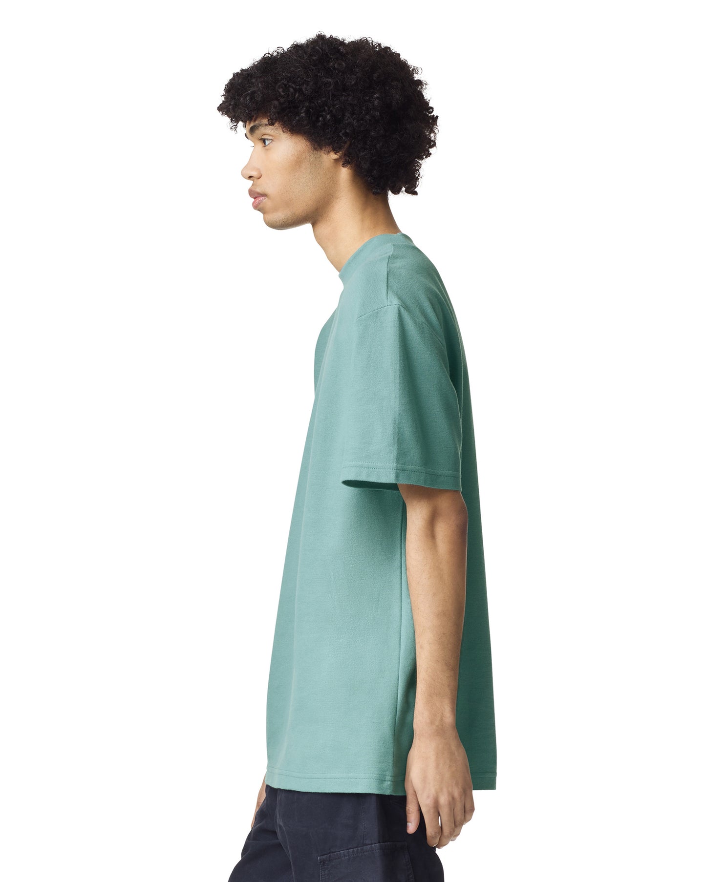 Side profile of American Apparel® 1PQ Arctic mockneck T-shirt highlighting structured collar and smooth cotton fabric-arctic