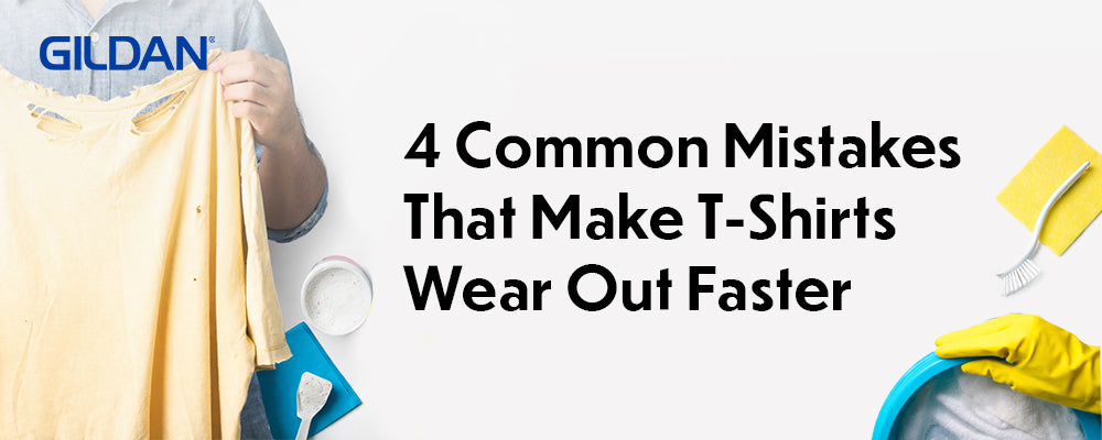 Four common mistakes that make T-shirts wear out faster, featuring a damaged yellow T-shirt and laundry tools