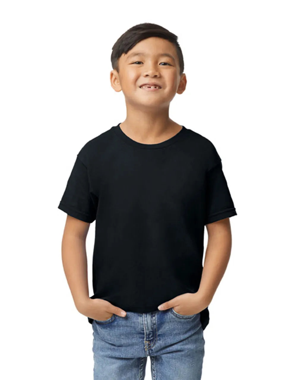 Boy wearing a black Gildan 76000B T-shirt with jeans, standing casually with hands in pockets-black