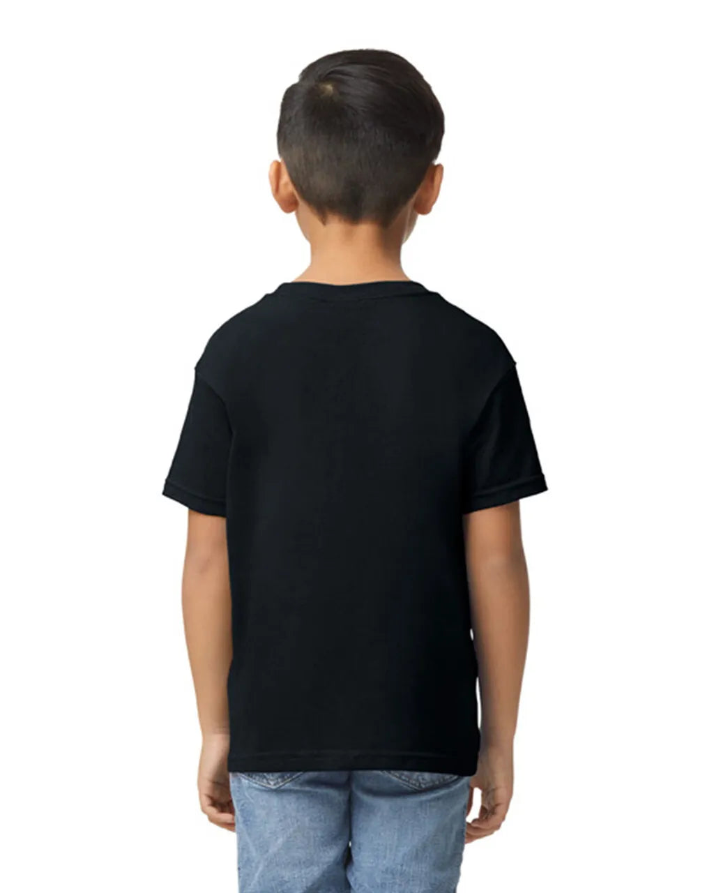 Back view of a boy wearing a Gildan 76000B T-shirt with jeans, showing the simple and clean design.-black