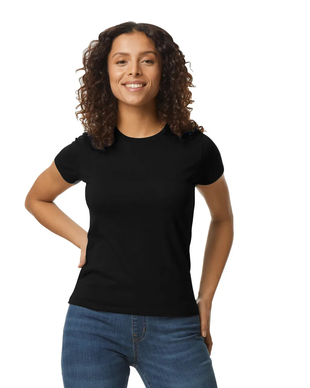 Woman wearing a Gildan 76000L T-shirt with jeans, showcasing a clean, flattering fit in soft cotton-black