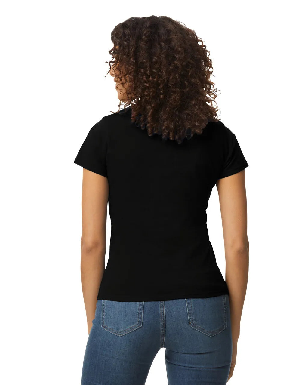 Back view of a woman wearing a Gildan 76000L T-shirt with jeans, highlighting the smooth fit and clean silhouette-black