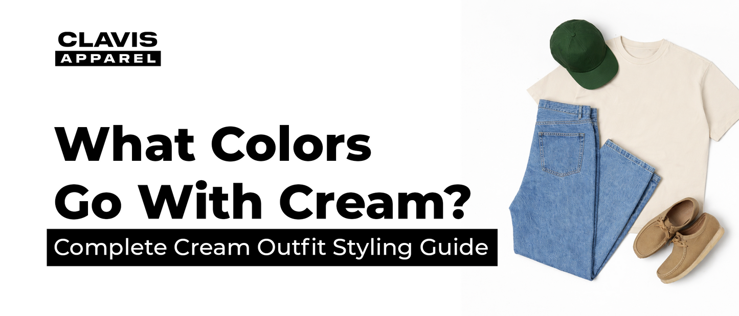 Cream outfit styling guide with beige t-shirt, blue jeans, green cap, and casual shoes