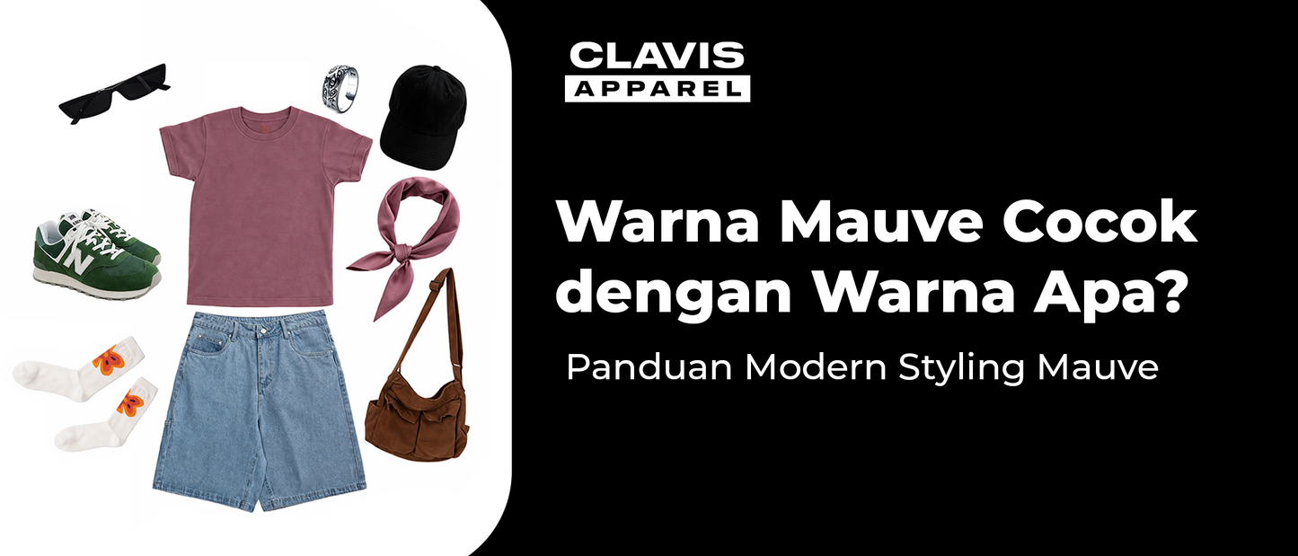 Outfit warna mauve dengan kaos, celana pendek denim, sepatu sneakers, dan aksesori kasual