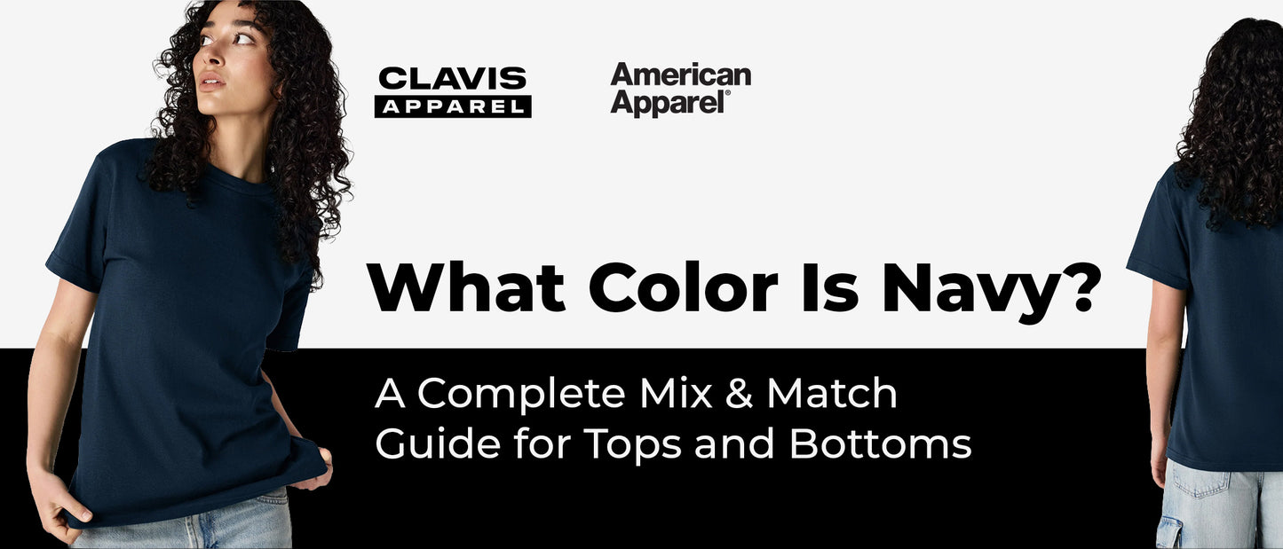 What color is navy t-shirt outfit with mix and match styling guide for tops and bottoms