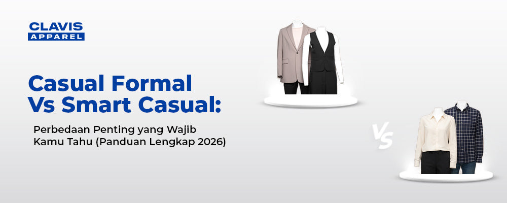 Banner artikel Clavis Apparel bertajuk “Casual Formal vs Smart Casual: Perbedaan Penting yang Wajib Kamu Tahu (Panduan Lengkap 2026)” dengan ilustrasi outfit blazer dan vest untuk casual formal serta kemeja dan celana untuk smart casual.
