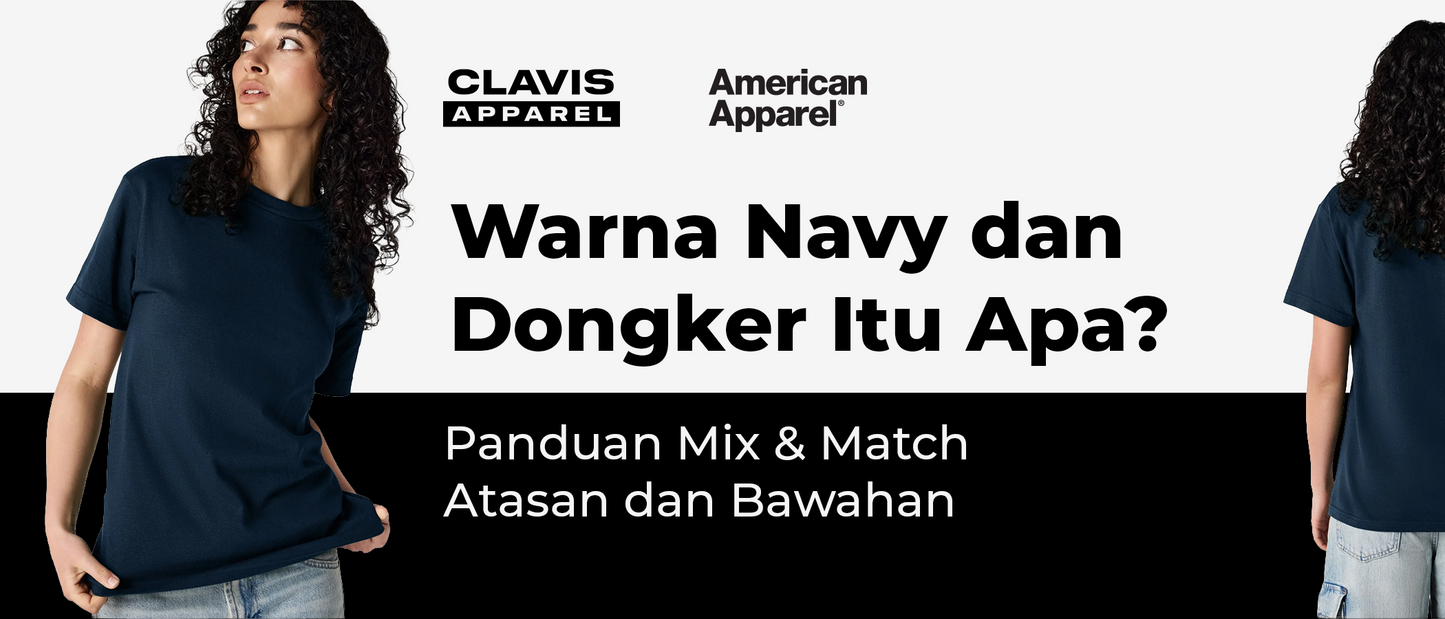 Wanita mengenakan kaos warna navy dengan judul panduan mix and match warna navy dan dongker