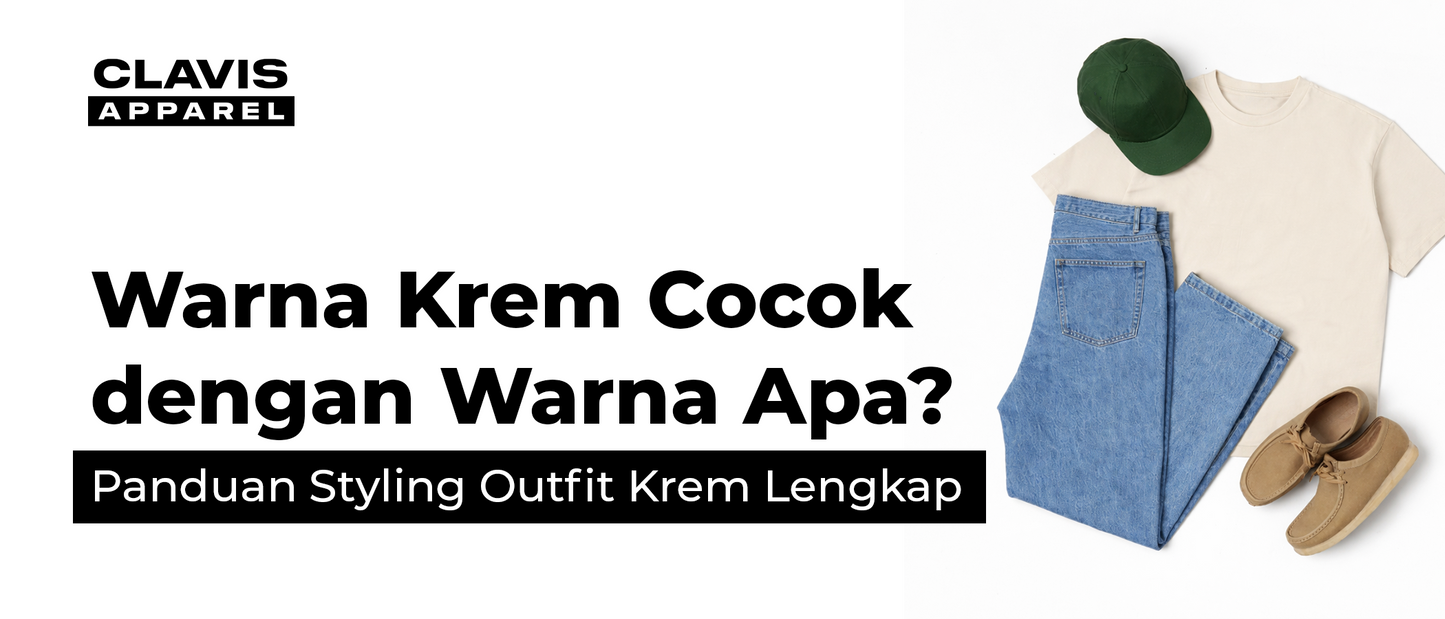 Outfit warna krem dengan kaos, jeans biru, sepatu, dan topi sebagai panduan styling warna krem