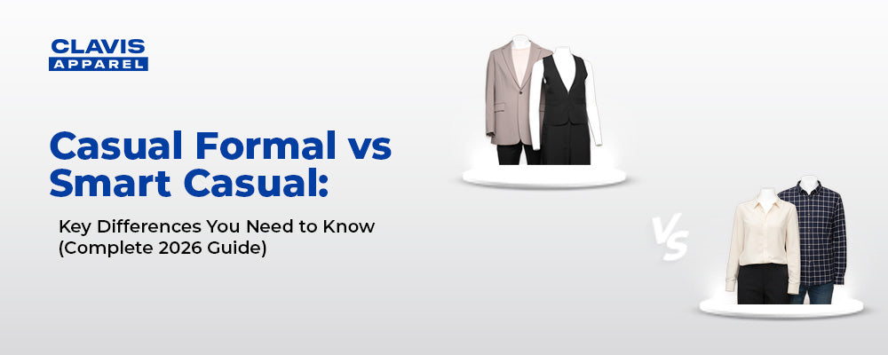 Clavis Apparel banner titled “Casual Formal vs Smart Casual: Key Differences You Need to Know (Complete 2026 Guide)” featuring blazer and vest for casual formal and shirt combinations for smart casual style comparison.
