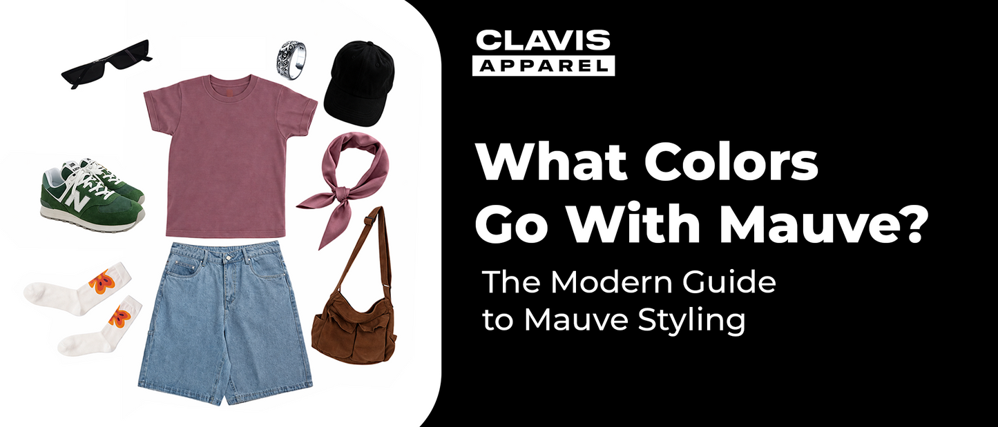 Mauve outfit styling guide with t-shirt, denim shorts, sneakers, and accessories
