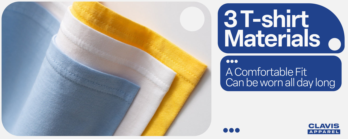 Close-up of folded T-shirt fabrics in blue, white, and yellow showcasing three comfortable T-shirt materials for all-day wear