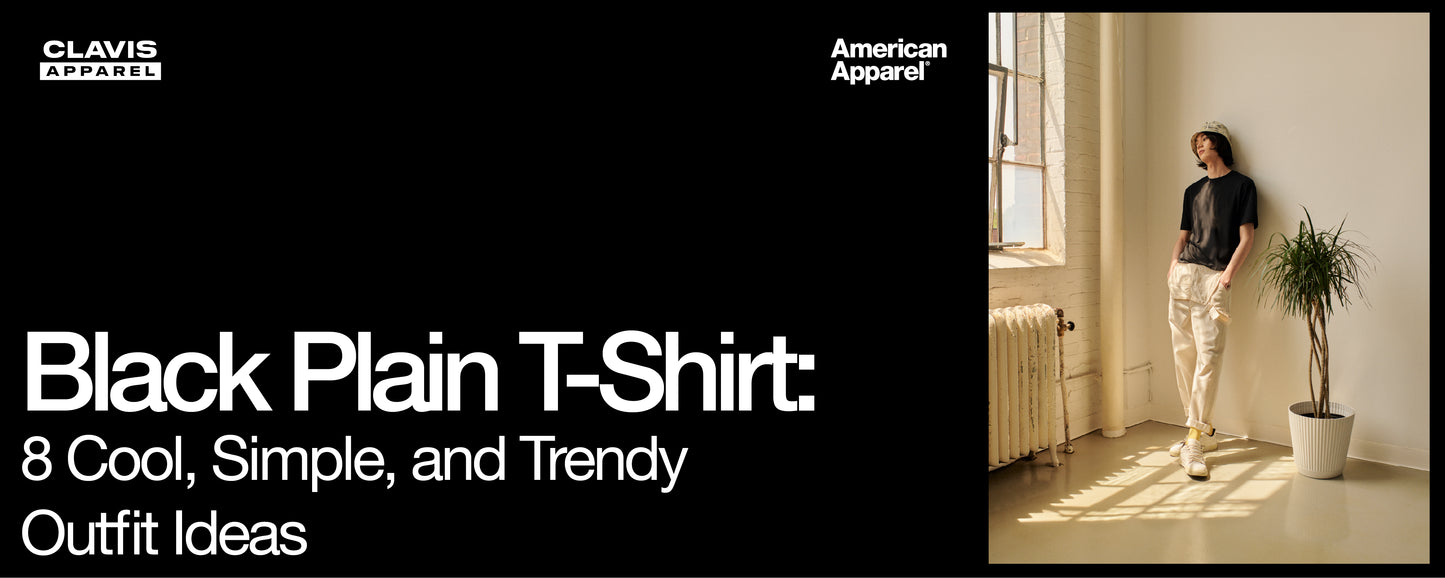 Man wearing a black plain t-shirt with beige pants in a minimalist outfit idea by a window – American Apparel style