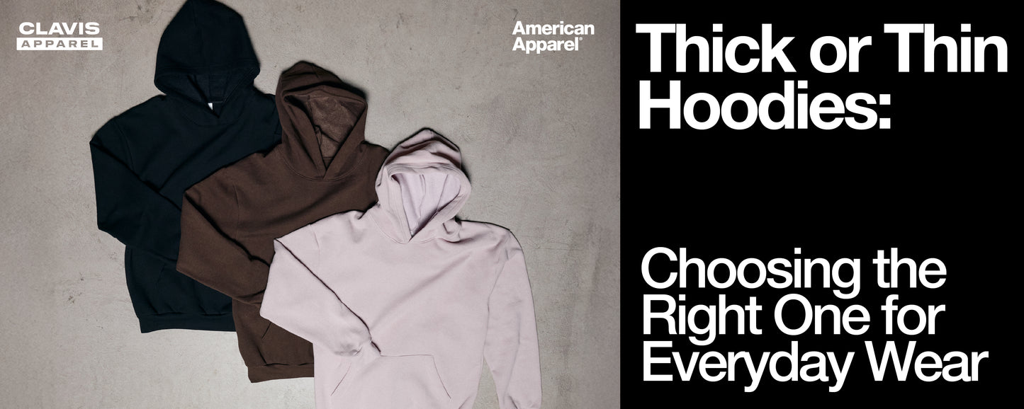 Thick or thin hoodies for everyday wear, featuring three American Apparel hoodies in black, brown, and pastel pink laid flat