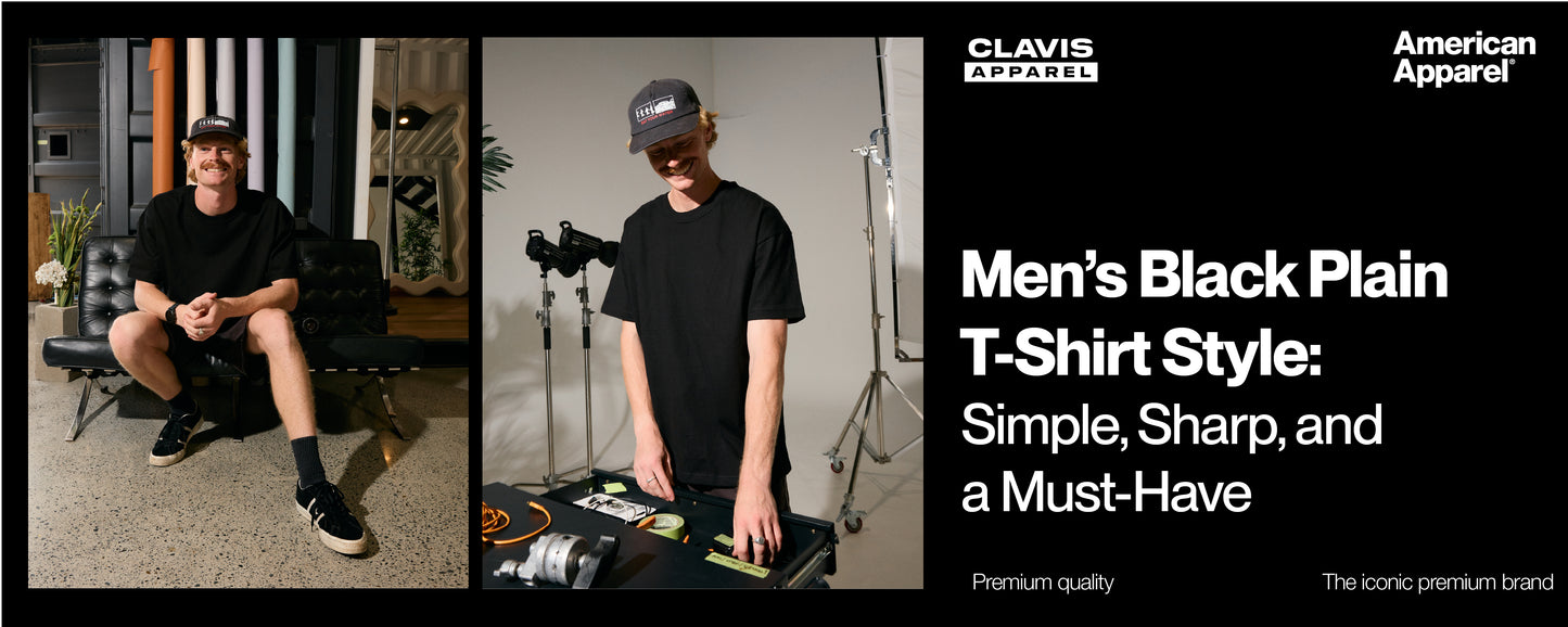 Men wearing black plain t-shirts styled with casual shorts and streetwear accessories – minimalist fashion look