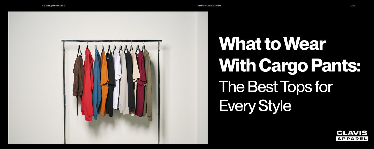 Clothing rack with colorful t-shirts and hoodies for styling ideas with cargo pants