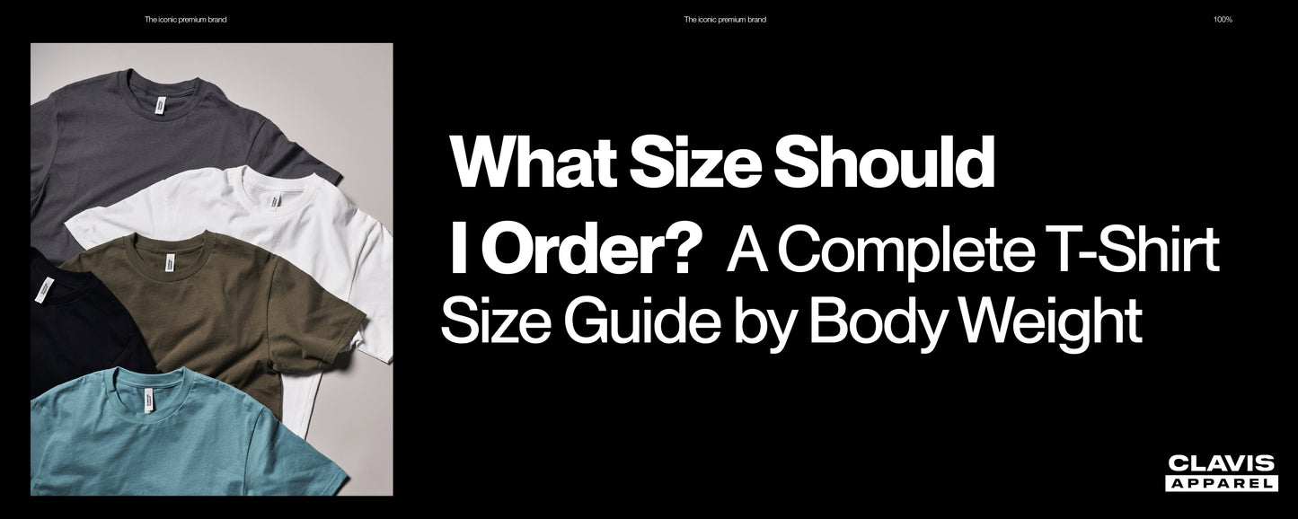 T-shirt size guide by body weight with multiple colored t-shirts displayed