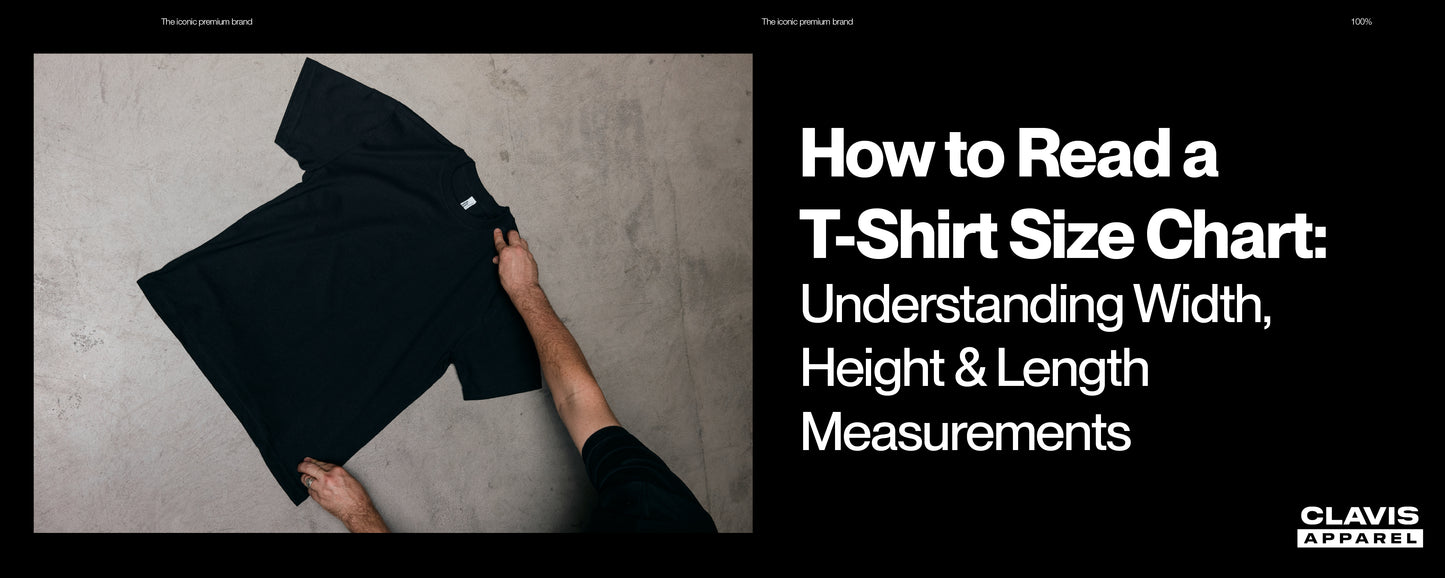 Guide on how to read a t-shirt size chart with width, height, and length measurements using a black t-shirt