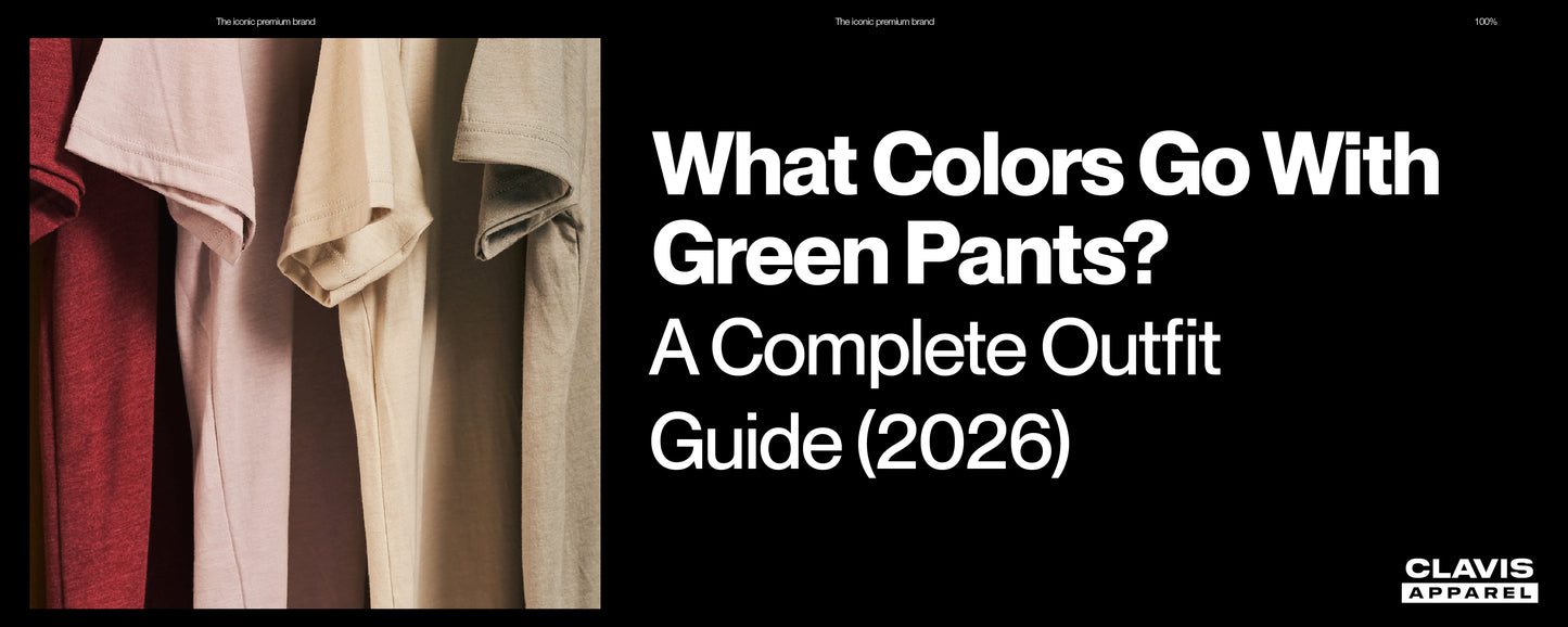 Text overlay on a black background with text 'What Colors Go With Green Pants? A Complete Outfit Guide (2026)' and CLAVIS APPAREL logo.