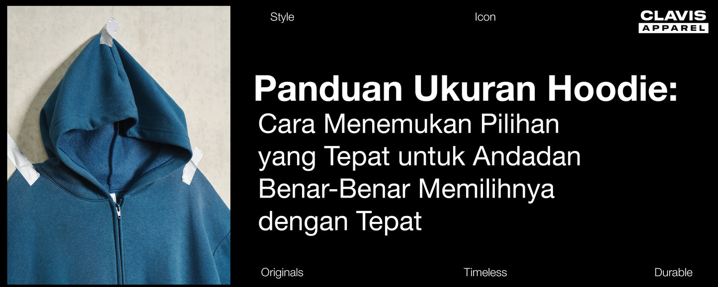 Close-up hoodie biru dengan ritsleting sebagai ilustrasi panduan ukuran hoodie yang membantu memilih ukuran yang tepat agar nyaman dipakai dan sesuai dengan bentuk tubuh.
