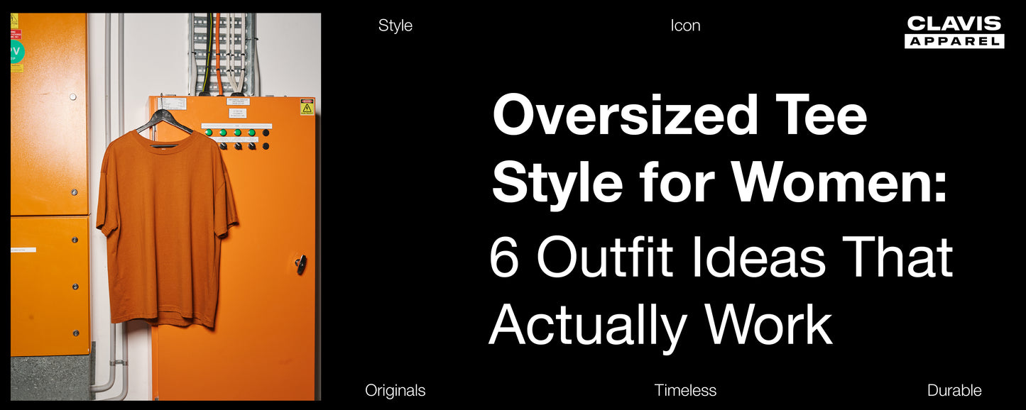 Featured image for a guide on oversized T-shirt outfit ideas for women, showcasing an oversized burnt orange T-shirt hanging on a rack with bold Indonesian title text about styling plus-size oversized T-shirts and fashion inspiration for casual everyday wear.