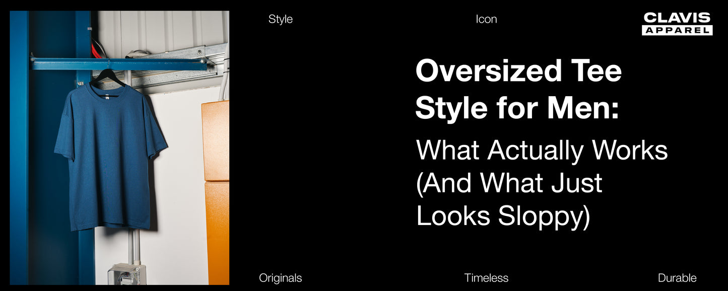 Blue oversized T-shirt hanging on a rack, featured in a men's style guide explaining how to wear oversized tees with the right fit, proportions, and outfit combinations for a clean, modern casual look.