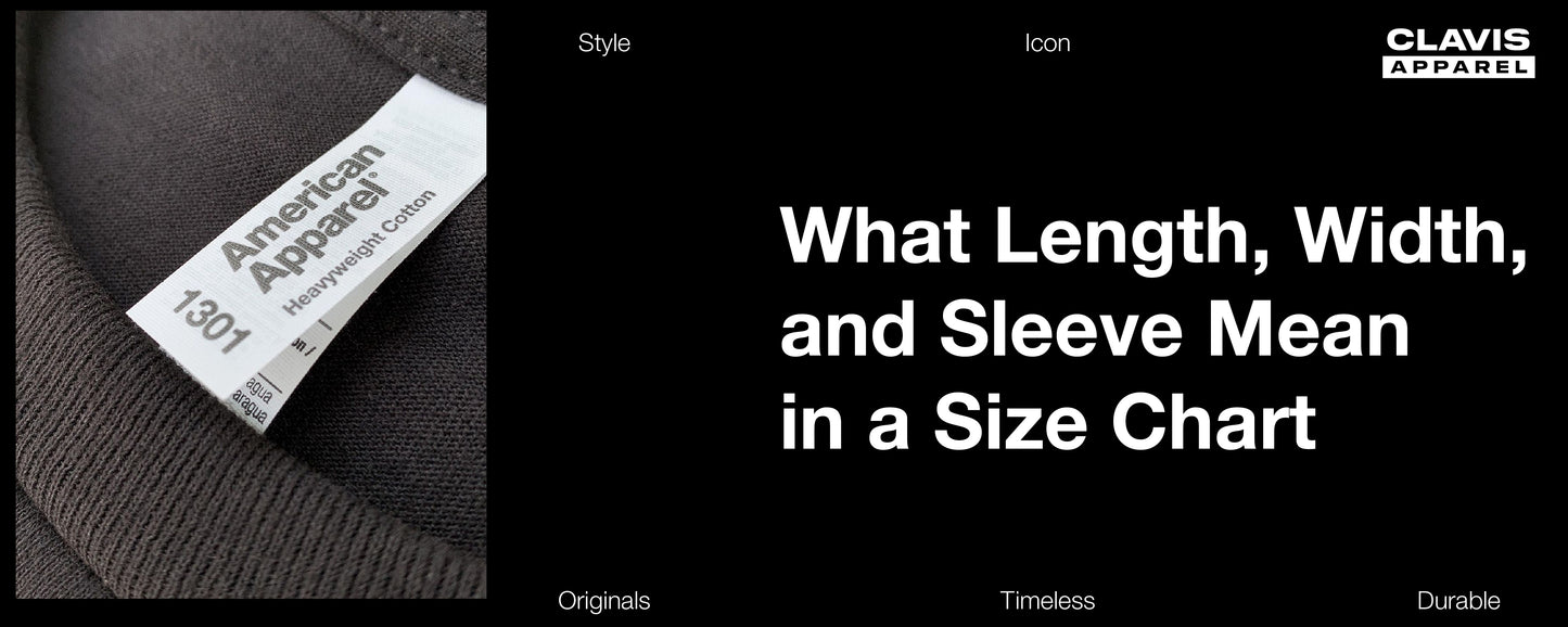 Close-up of a T-shirt label illustrating a guide that explains what shirt length, chest width, and sleeve length mean in a T-shirt size chart to help shoppers choose the correct fit when buying clothing online.