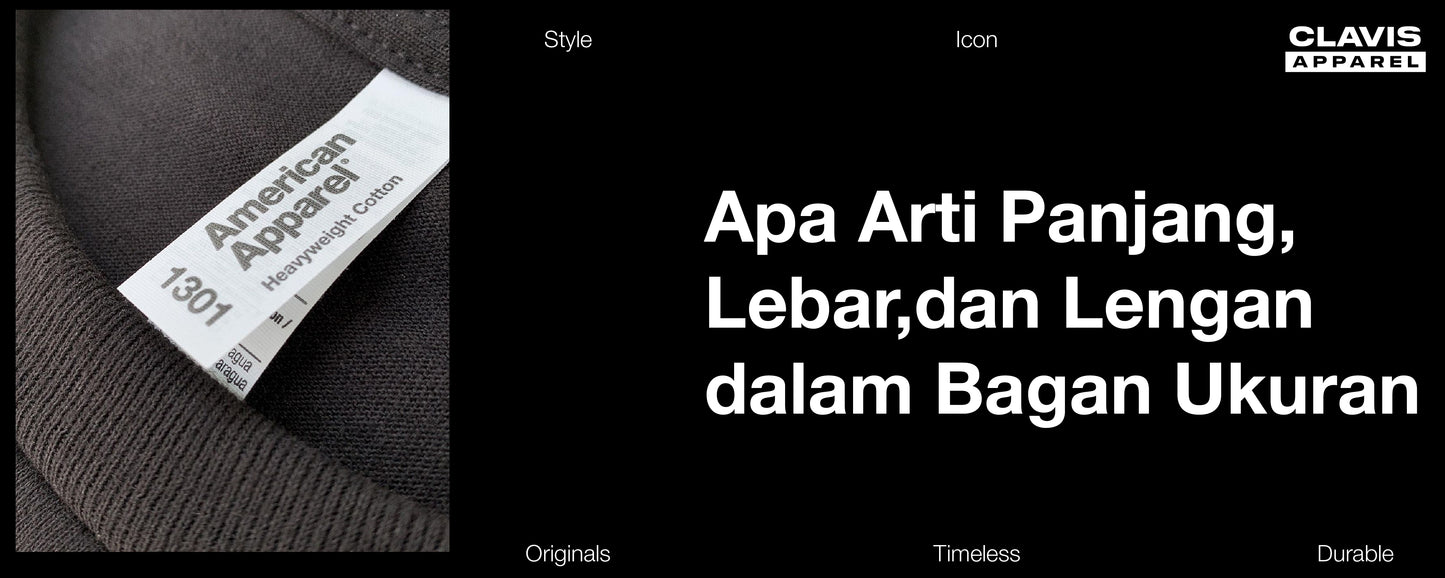 Label ukuran kaos sebagai ilustrasi panduan yang menjelaskan arti panjang baju, lebar dada, dan panjang lengan pada bagan ukuran kaos agar memilih ukuran yang tepat saat berbelanja pakaian secara online.