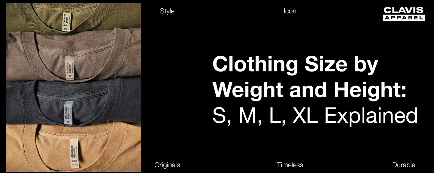Stack of folded T-shirts in multiple colors illustrating a clothing size guide by weight and height, explaining how to choose the correct S, M, L, and XL size for a better fit based on body measurements.