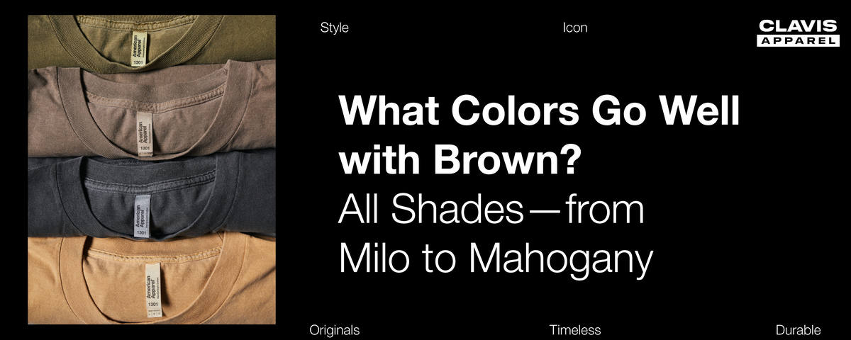 Earth-tone T-shirts in olive, brown, charcoal, and tan illustrating colors that pair well with different shades of brown.