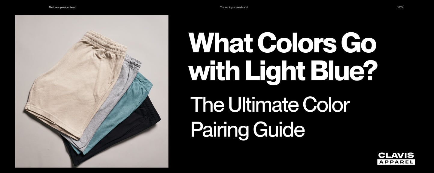 Neutral-colored shorts in cream, grey, teal, and navy arranged together, illustrating the best color combinations to pair with light blue clothing for casual men's fashion.