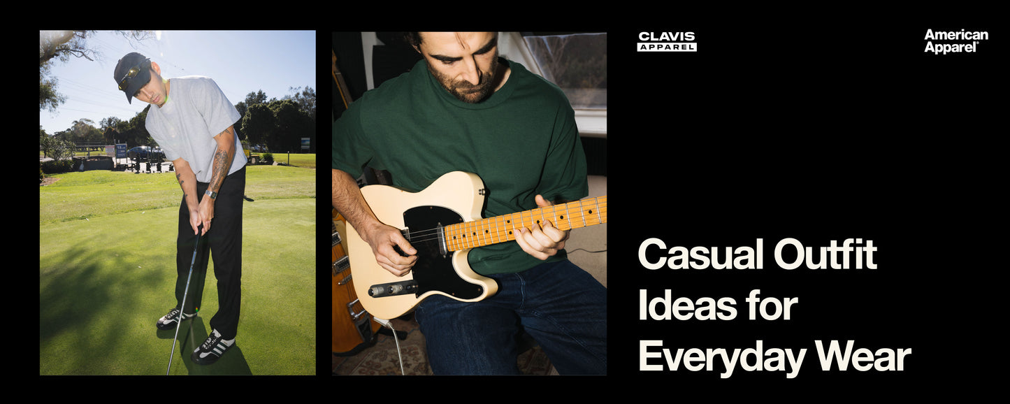 Man wearing casual outfit for daily activities — plain t-shirt and black pants while playing golf outdoors, and green t-shirt with jeans while playing electric guitar indoors, showcasing everyday casual style inspiration.