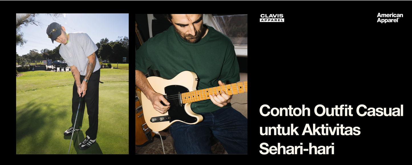 Pria mengenakan outfit casual untuk aktivitas sehari-hari — kaos polos dan celana hitam saat bermain golf di luar ruangan, serta kaos hijau dan jeans saat bermain gitar elektrik di dalam ruangan, menampilkan inspirasi gaya santai harian.