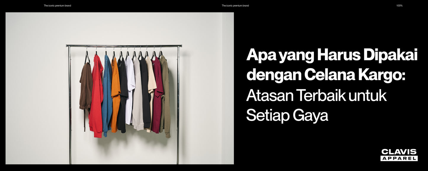 Rak pakaian dengan berbagai atasan warna-warni untuk inspirasi outfit celana kargo