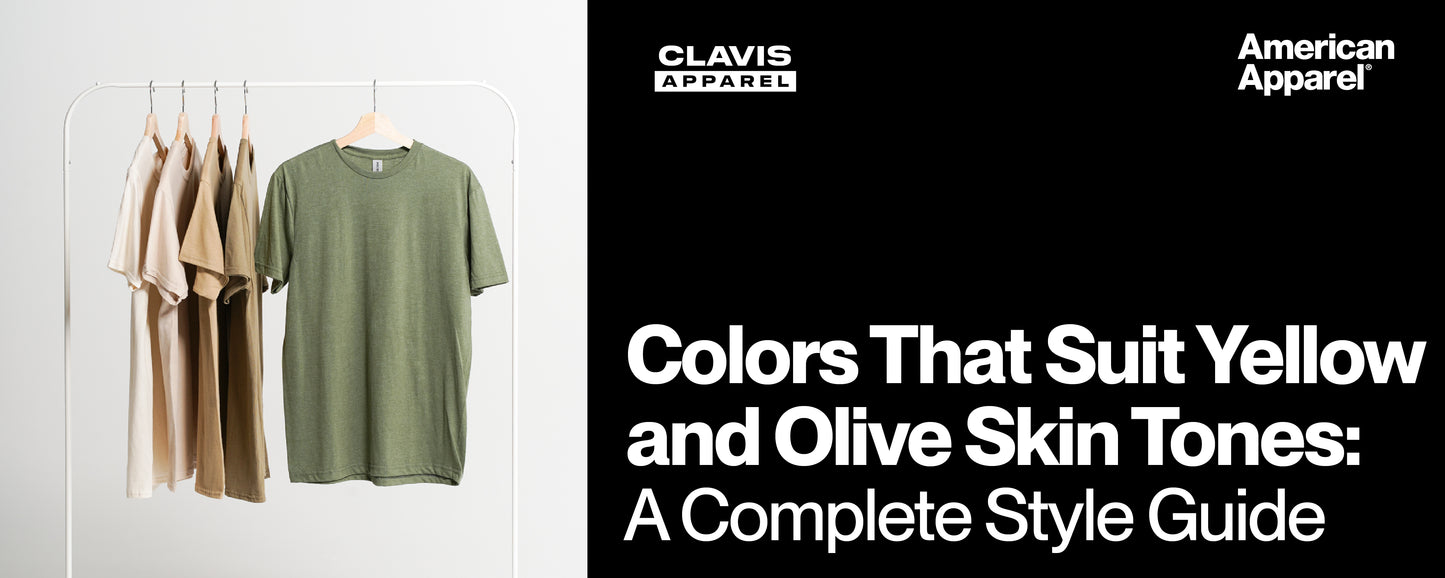 Collection of olive green, beige, and neutral-colored t-shirts displayed on a clothing rack, showcasing the best clothing colors for yellow and olive skin tones.