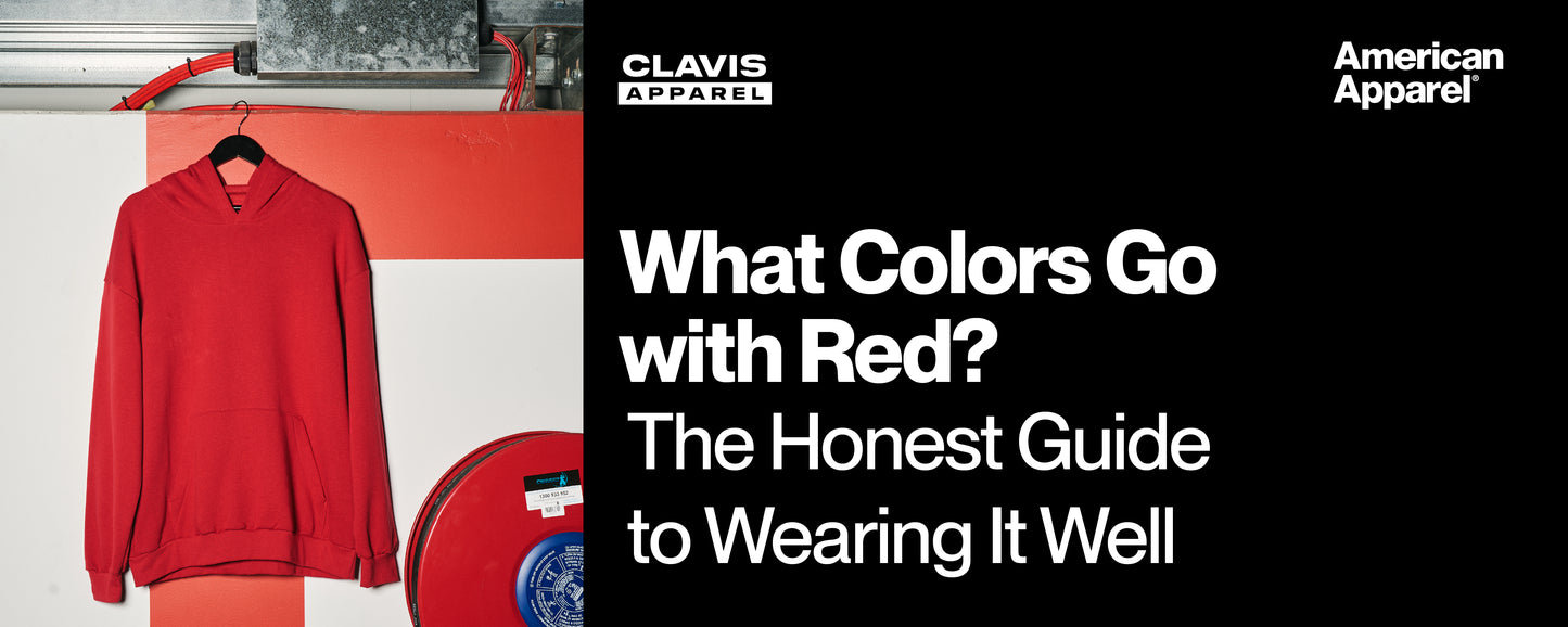 Red hoodie displayed against a red and white background, showcasing outfit inspiration and the best color combinations to pair with red clothing for casual fashion.