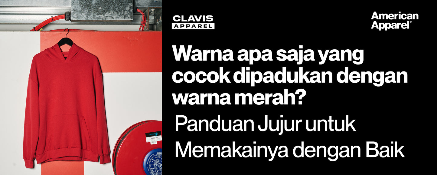 Hoodie merah tergantung di rak pakaian, menampilkan inspirasi kombinasi warna yang cocok dipadukan dengan warna merah untuk gaya kasual modern.